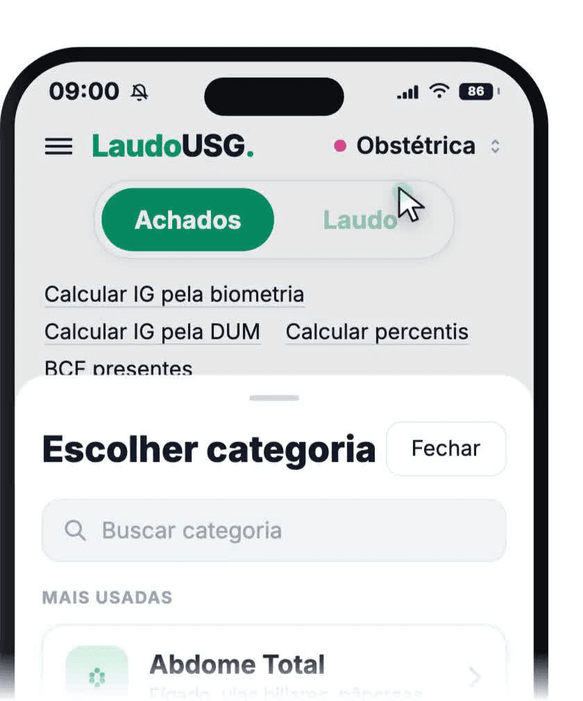 App LaudoUSG no iPhone, na tela de escolher a categoria do exame