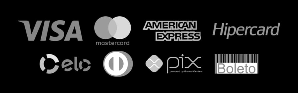 Formas de pagamento aceitas: PIX, Visa, Mastercard, American Express, Elo, Hipercard e Boleto